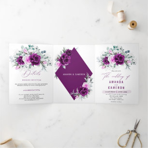 Elegant Rustic Purple Blush Geometric Wedding Tri-Fold Announcement