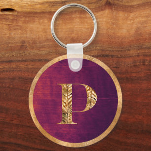 Elegant Rustic Purple & Gold Personalized Monogram Key Ring