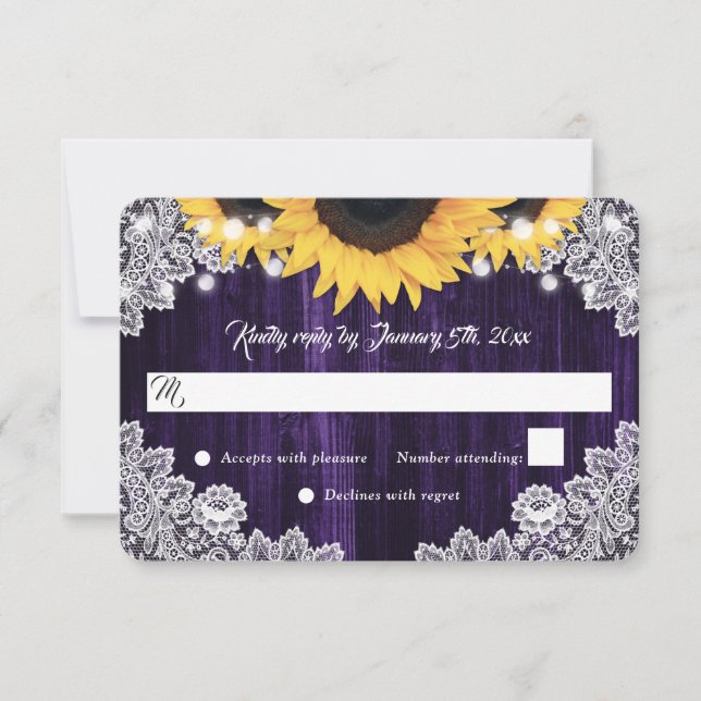 Elegant Rustic Purple Wood Lace Sunflower Wedding RSVP Card (Front)