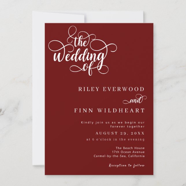 Elegant Rustic Red and White Script Wedding Invitation (Front)