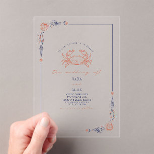 Elegant Rustic Red & Blue Beach Wedding Crab  Acrylic Invitations