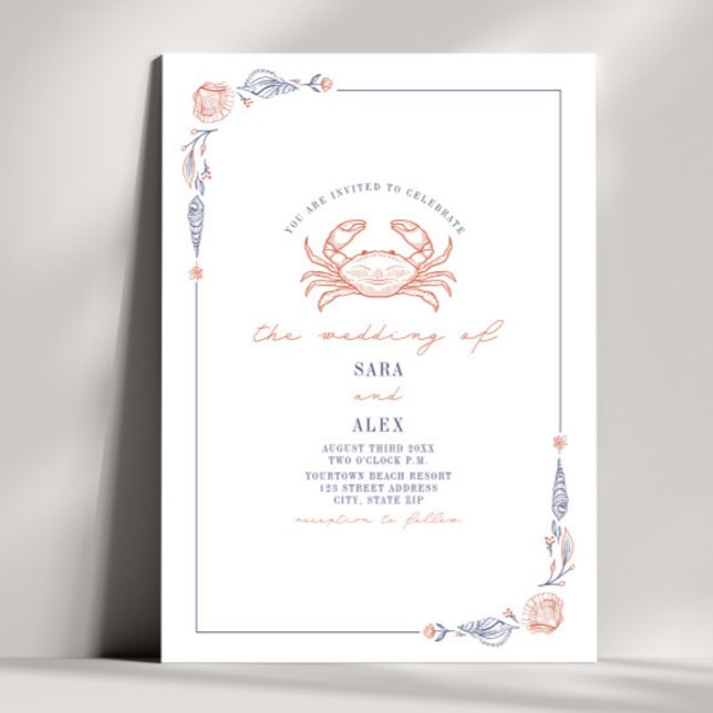 Elegant Rustic Red & Blue Beach Wedding Crab Invitation (Creator Uploaded)