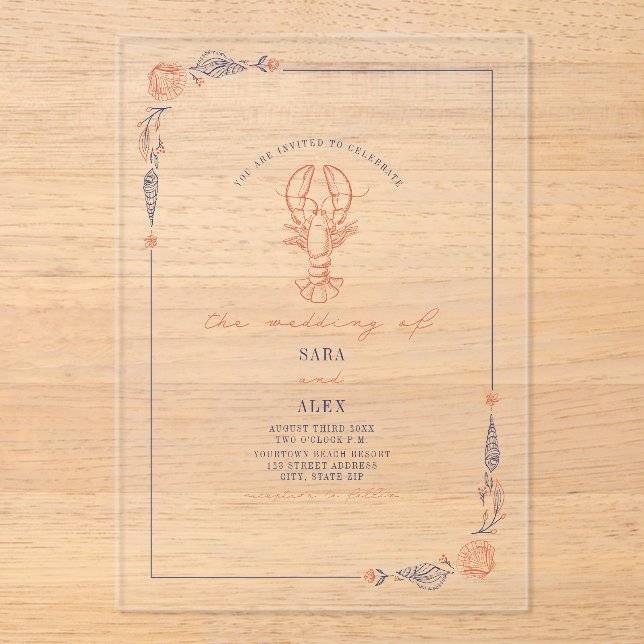 Elegant Rustic Red & Blue Beach Wedding Lobster In Acrylic Invitations (Front)