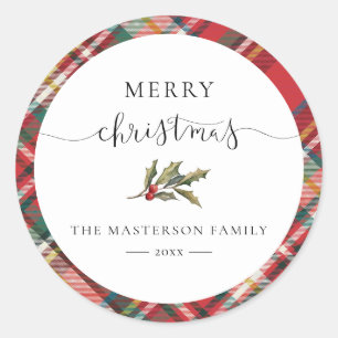 Elegant Rustic Red Checkered Plaid Christmas Classic Round Sticker