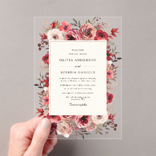 Elegant Rustic Red Floral Fall Wedding Acrylic Invitations