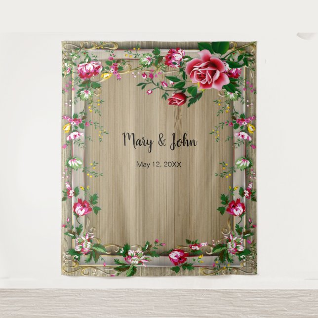 Elegant Rustic Red Roses Wedding Photo Backdrop Tapestry (Front)