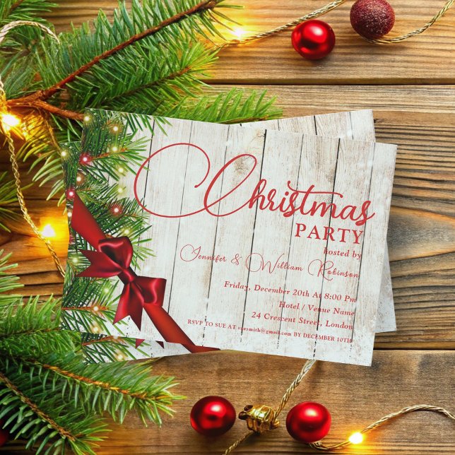 Elegant Rustic Ribbon & Pine Xmas Holiday  Invitation (Elegant Rustic Ribbon & Pine Xmas Holiday Invitation)