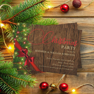 Elegant Rustic Ribbon & Pine Xmas Holiday Party Invitation