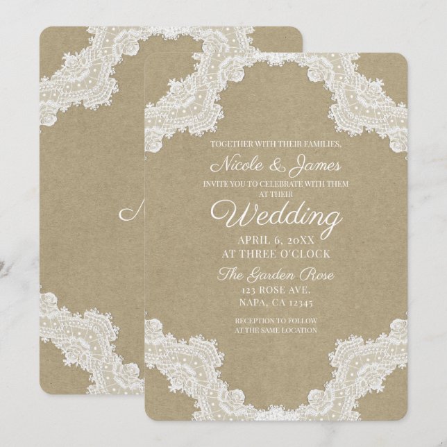 Elegant Rustic Romance White Lace & Kraft Wedding Invitation (Front/Back)
