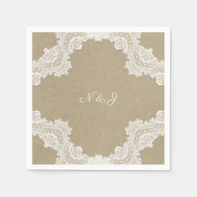 Elegant Rustic Romance White Lace & Kraft Wedding Napkin (Front)