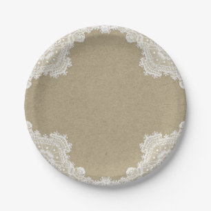 Elegant Rustic Romance White Lace & Kraft Wedding Paper Plate