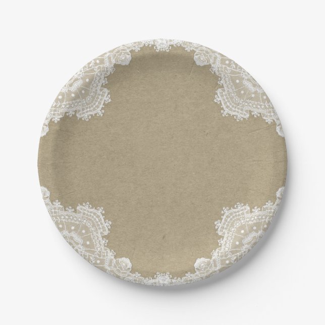 Elegant Rustic Romance White Lace & Kraft Wedding Paper Plate (Front)