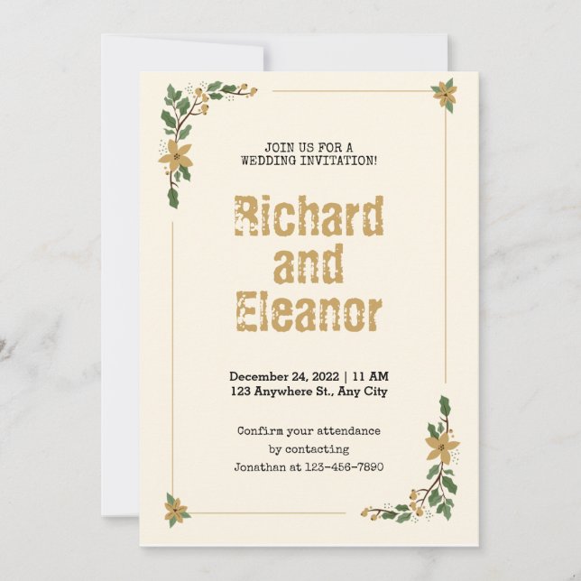 Elegant Rustic simple floral traditional wedding Invitation (Front)