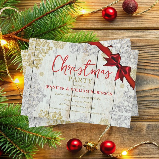 Elegant Rustic Snowflakes Xmas Holiday Ribbon Invitation (Elegant Rustic Snowflakes Xmas Holiday Ribbon Invitation)