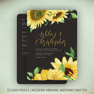 Elegant Rustic Sunflower Black All-in-One Wedding Invitation