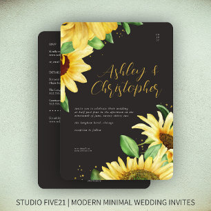 Elegant Rustic Sunflower Black All-in-One Wedding Invitation