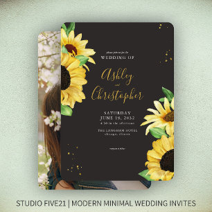 Elegant Rustic Sunflower Black Photo Wedding Invitation