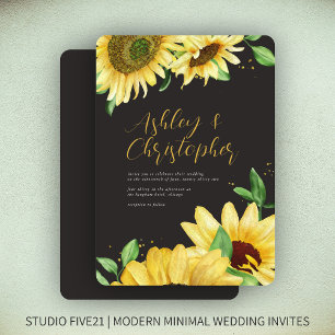 Elegant Rustic Sunflower Black Wedding Invitation