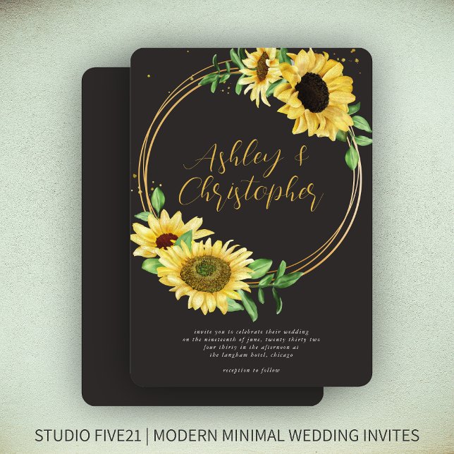 Elegant Rustic Sunflower Black Wedding Invitation (Creator Uploaded)