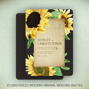 Elegant Rustic Sunflower Black Wedding Invitation
