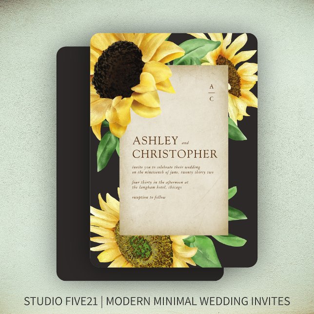 Elegant Rustic Sunflower Black Wedding Invitation (Creator Uploaded)