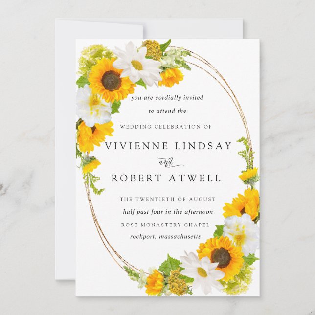 Elegant Rustic Sunflower Botanical Floral Wedding Invitation (Front)