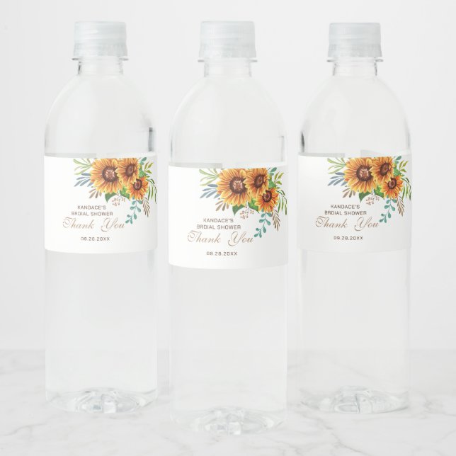 Elegant Rustic Sunflower Bridal Shower Water Water Bottle Label (Bottles)