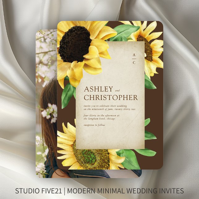 Elegant Rustic Sunflower Brown Photo Wedding Invitation (Creator Uploaded)