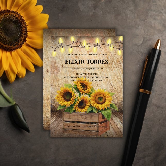 Elegant Rustic Sunflower Crate Modern Baby Shower Invitation (Creator Uploaded)
