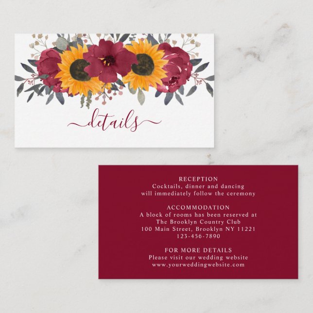 Elegant Rustic Sunflower Floral Burgundy Wedding Enclosure Card (Front/Back)