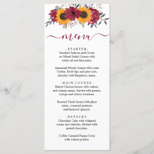 Elegant Rustic Sunflower Floral Burgundy Wedding Menu