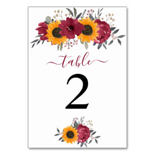 Elegant Rustic Sunflower Floral Burgundy Wedding Table Number