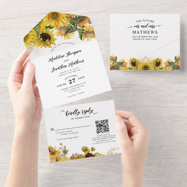 Elegant Rustic Sunflower Gold QR Code Wedding All In One Invitation (Creator Uploaded)