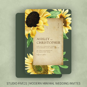 Elegant Rustic Sunflower Green Wedding Invitation
