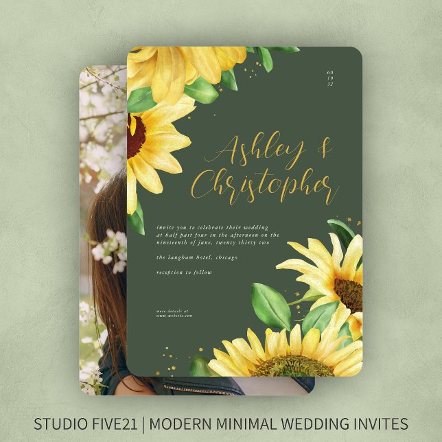 Elegant Rustic Sunflower Moss Green Photo Wedding Invitation (Creator Uploaded)
