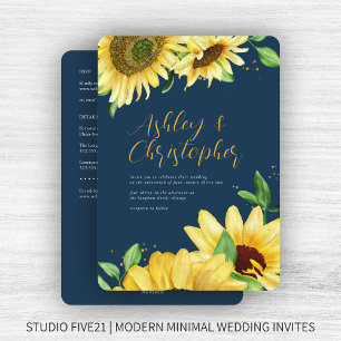 Elegant Rustic Sunflower Navy All-in-One Wedding Invitation