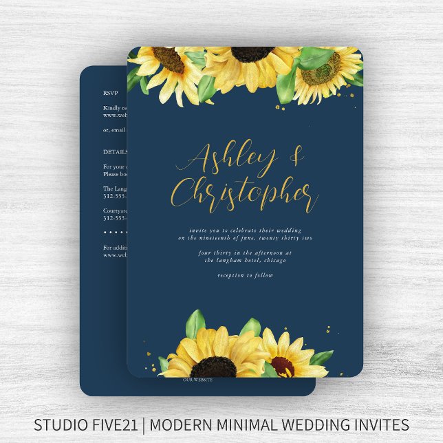 Elegant Rustic Sunflower Navy All-in-One Wedding Invitation (Creator Uploaded)