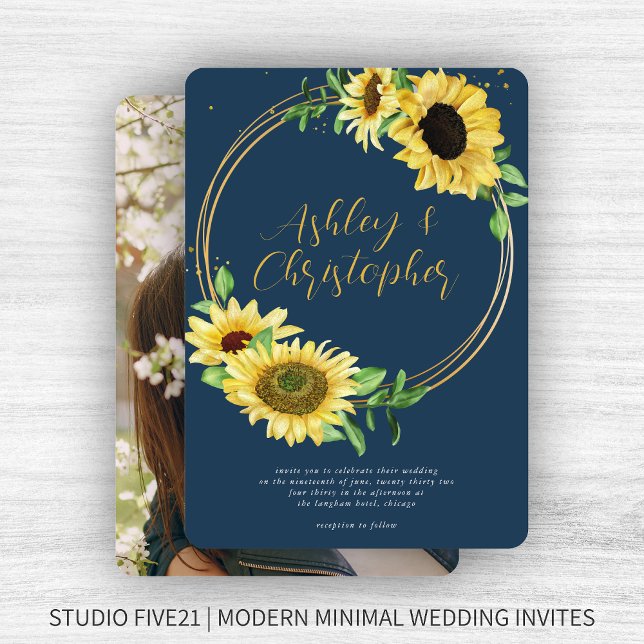 Elegant Rustic Sunflower Navy Blue Photo Wedding Invitation (Creator Uploaded)