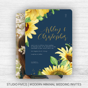 Elegant Rustic Sunflower Navy Blue Photo Wedding Invitation