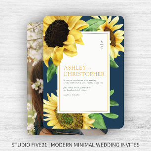 Elegant Rustic Sunflower Navy Blue Photo Wedding Invitation