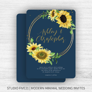 Elegant Rustic Sunflower Navy Blue Wedding Invitation