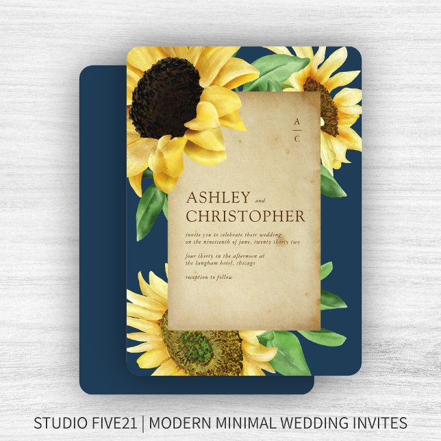 Elegant Rustic Sunflower Navy Blue Wedding Invitation (Creator Uploaded)