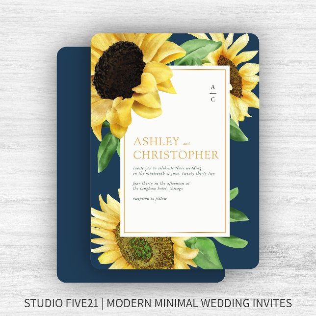 Elegant Rustic Sunflower Navy Blue Wedding Invitation (Creator Uploaded)