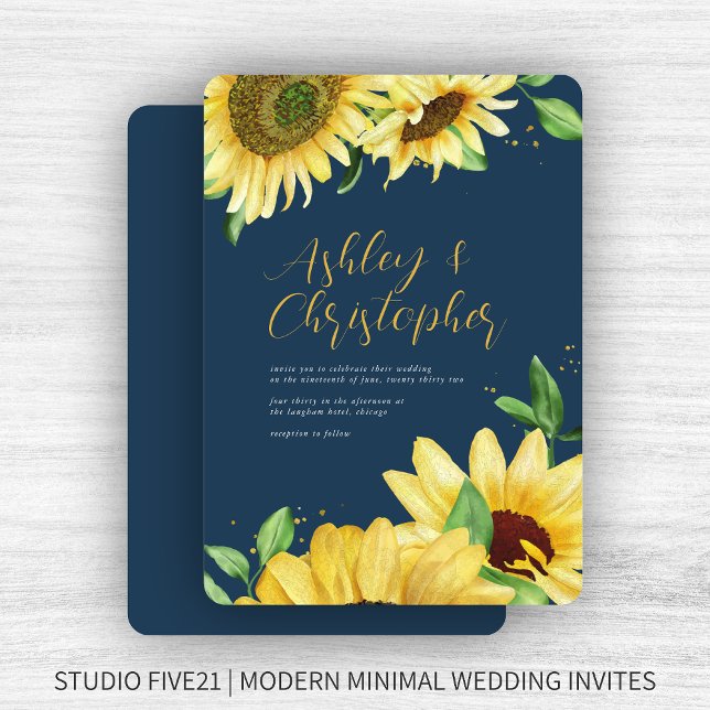 Elegant Rustic Sunflower Navy Wedding Invitation (Creator Uploaded)