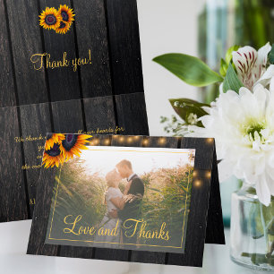 Elegant rustic sunflower photo wedding thank you card