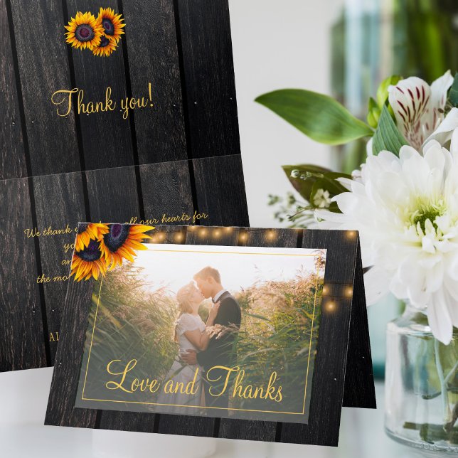Elegant rustic sunflower photo wedding thank you card (Creator Uploaded)