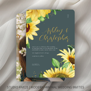Elegant Rustic Sunflower Slate Grey Photo Wedding Invitation
