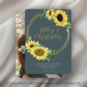 Elegant Rustic Sunflower Slate Grey Photo Wedding Invitation