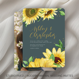 Elegant Rustic Sunflower Slate Grey Photo Wedding Invitation