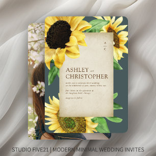Elegant Rustic Sunflower Slate Grey Photo Wedding Invitation